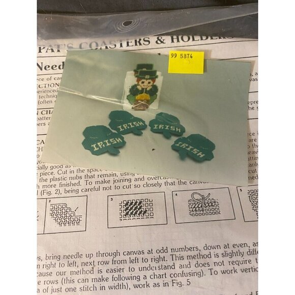 Needlecraft St Patricks Day Coasters Napkin Holder Plastic Canvas Kit Vintage - Picture 1 of 3